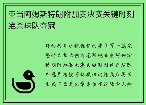 亚当阿姆斯特朗附加赛决赛关键时刻绝杀球队夺冠