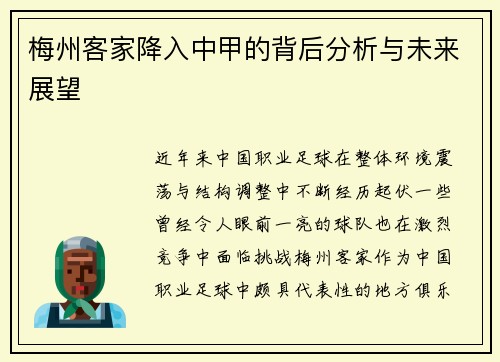 梅州客家降入中甲的背后分析与未来展望