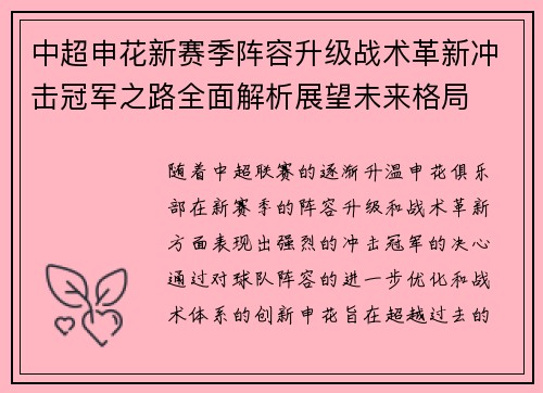 中超申花新赛季阵容升级战术革新冲击冠军之路全面解析展望未来格局